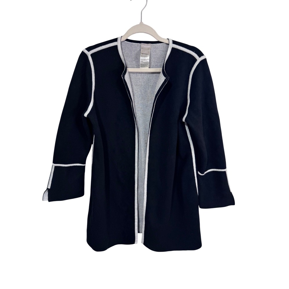 Chico's 2 Black Open Front Cardigan Women's White Trim Longline Knit‎